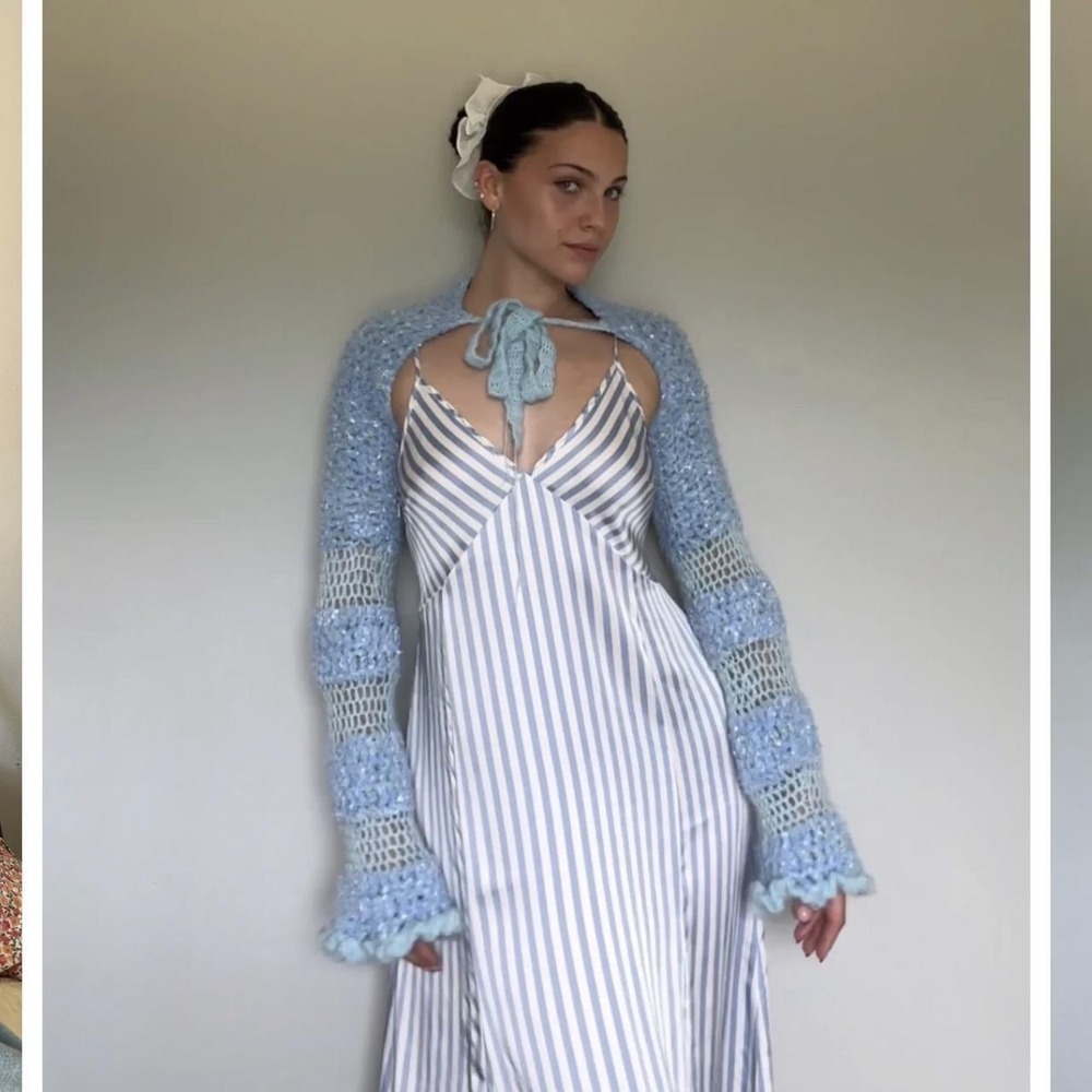 Crochet Sleeves Women's Handmade Medium Blue Mohair